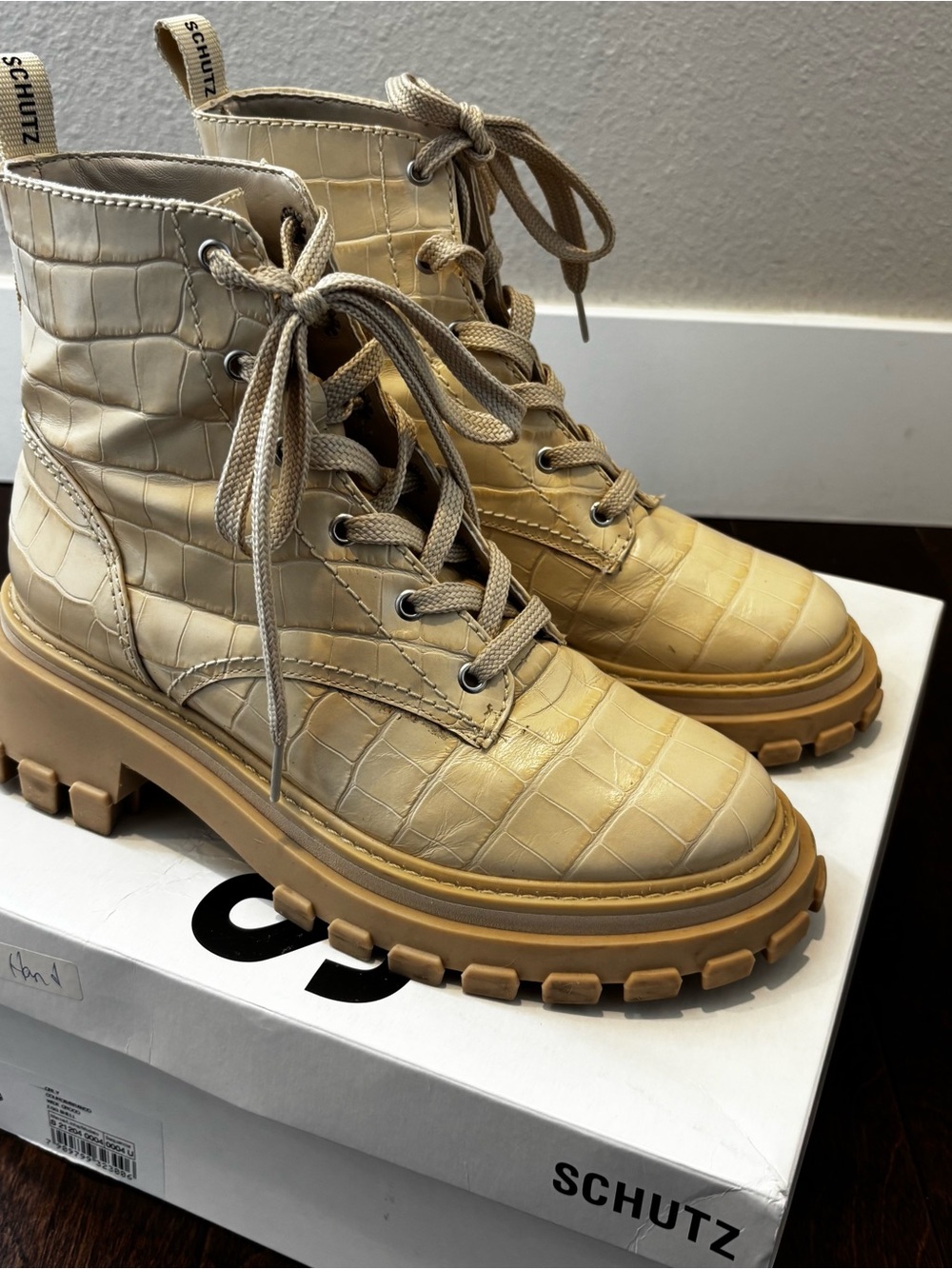 SCHUTZ Cream Croc-Embossed Lace-Up Lug Boots